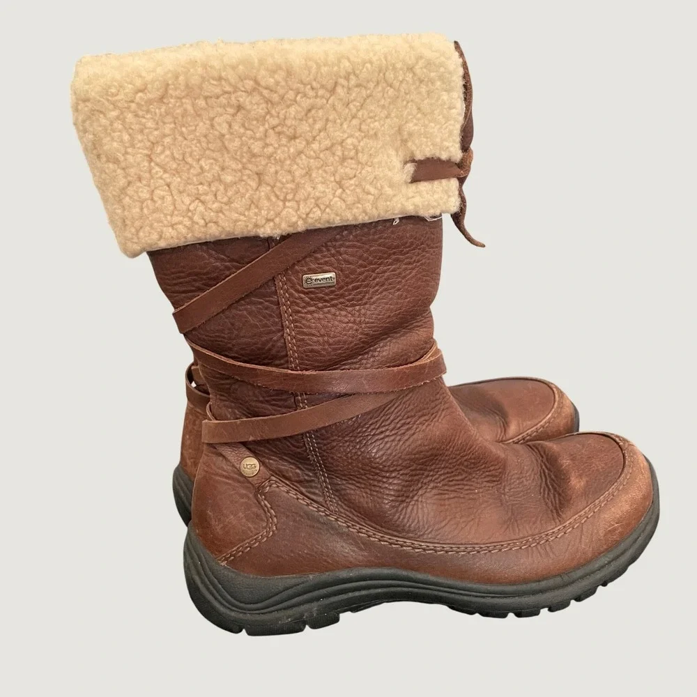 UGG Australia Summit Shearling Mid Calf Snow Boots Women 8 Brown Cream Sherpa